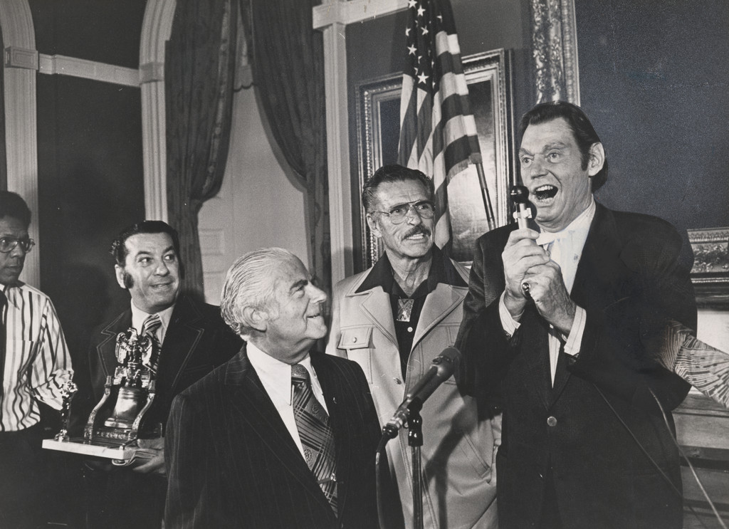 Johnny Weissmuller Giving His Jungle Cry for Mayor Beame and Buster Crabbe