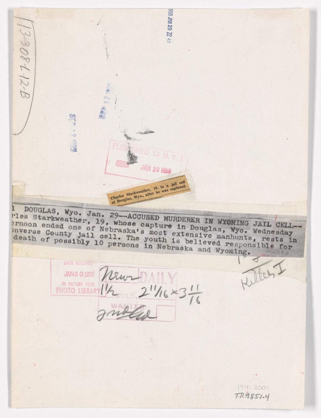 Associated Press. &#34;Accused Murderer in Wyoming Jail Cell&#34;. January 29, 1958