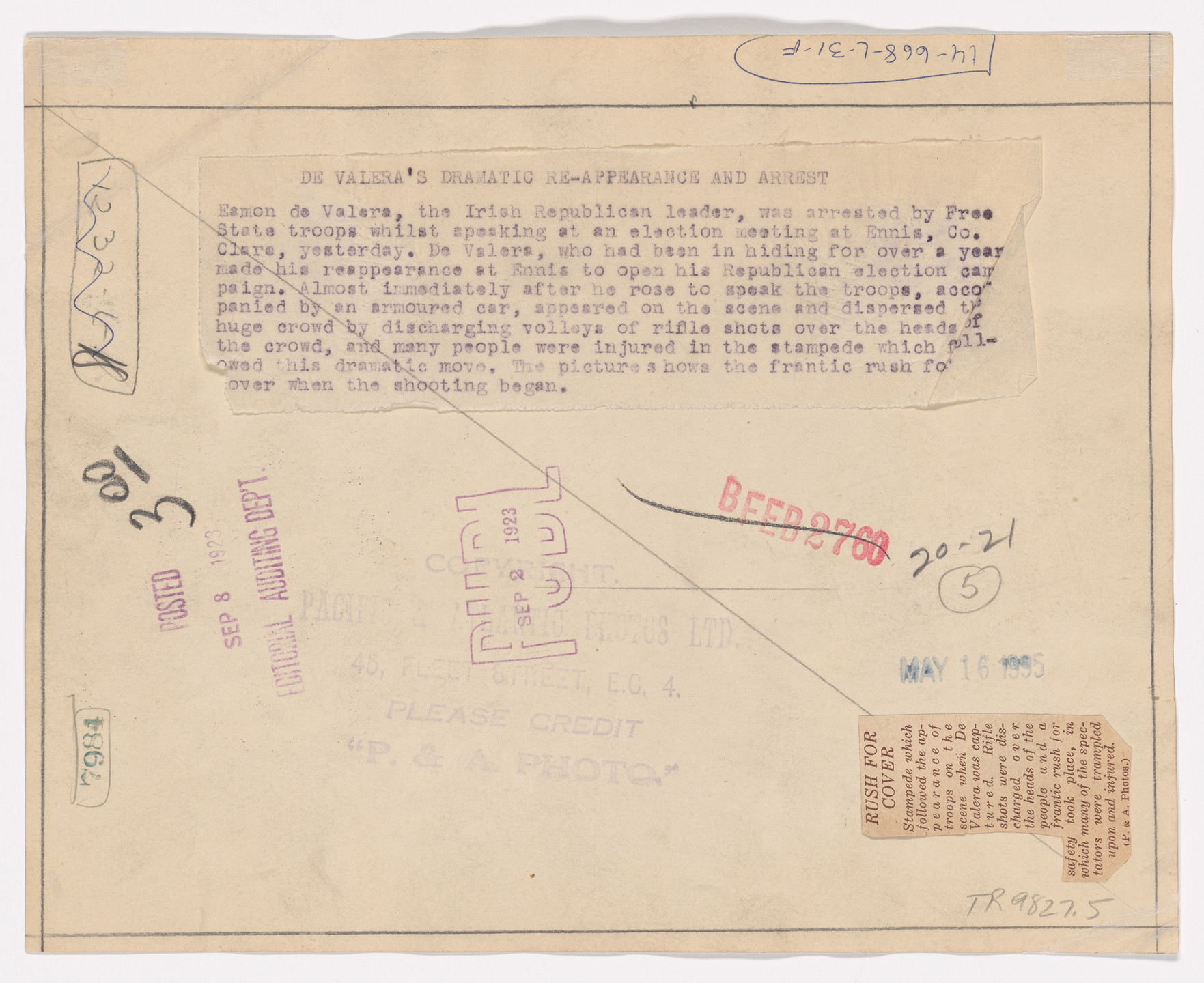 Pacific &amp; Atlantic Photos. &#34;De Valera&#39;s Dramatic Reappearance and Arrest&#34;. 1923