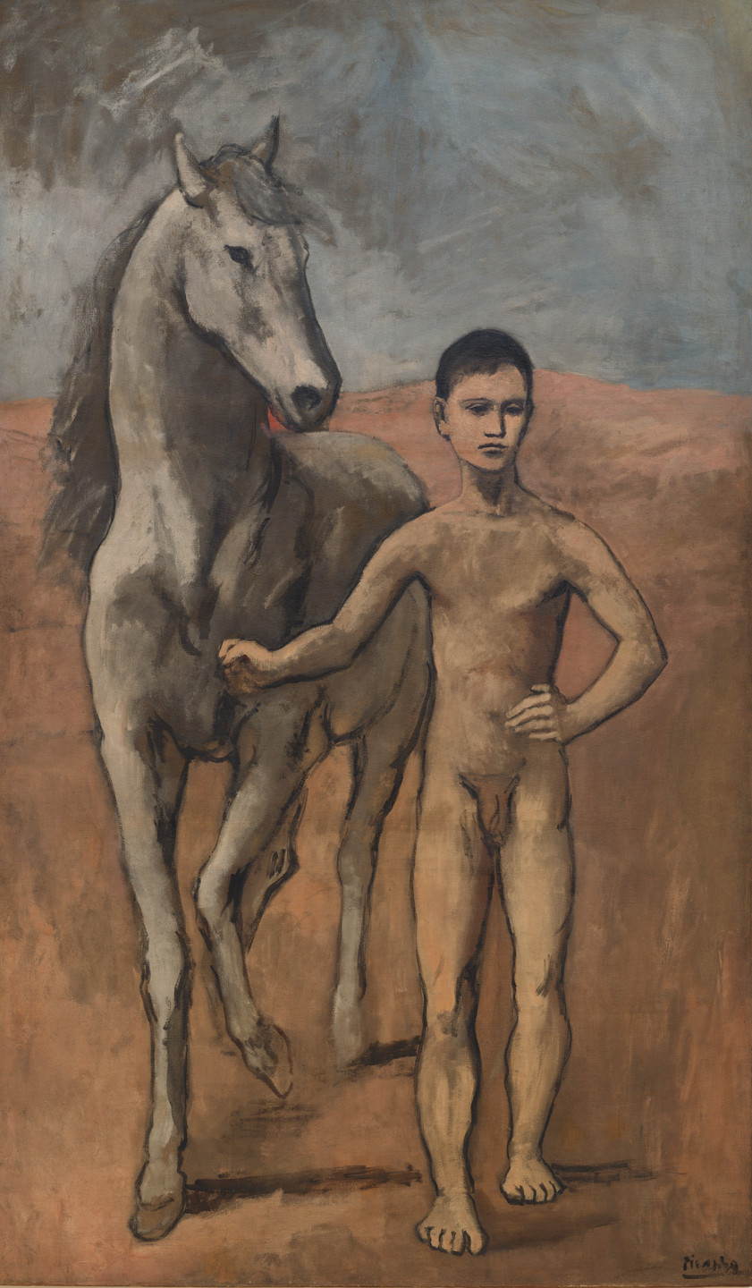 A nude person stands on a brown, earthy ground beside a gray horse, with their hand resting on the horse's neck. The background is a mix of brown and gray tones with slight blue hues in the sky. This is an AI generated description. To give feedback, email ai@moma.org.