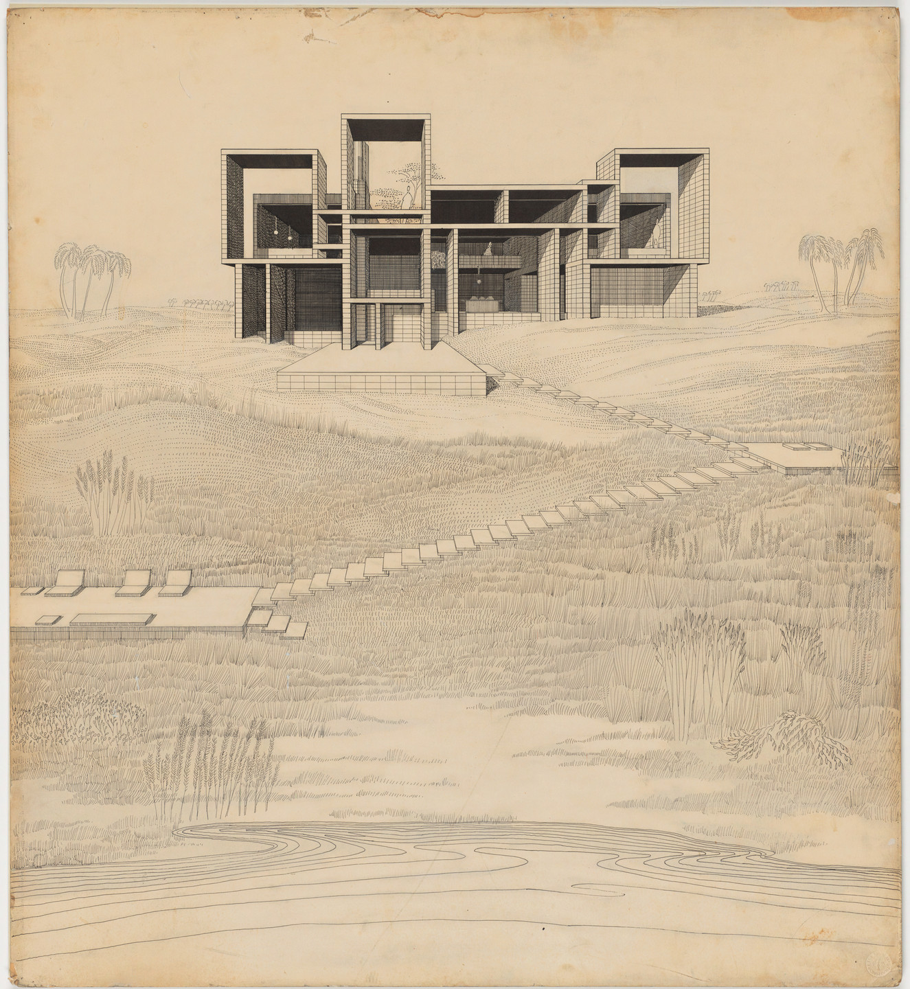 Paul Rudolph. Arthur W. Milam Residence, Ponte Vedra Beach, Florida, Exterior perspective from beach. c. 1960-62