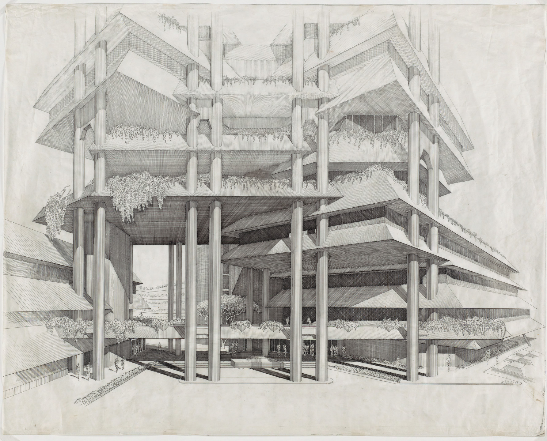 Paul Rudolph. Dharmala Office Building, Jakarta, Indonesia, Entrance perspective. 1983