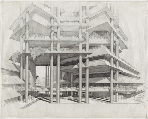 Paul Rudolph. Dharmala Office Building, Jakarta, Indonesia, Entrance perspective. 1983