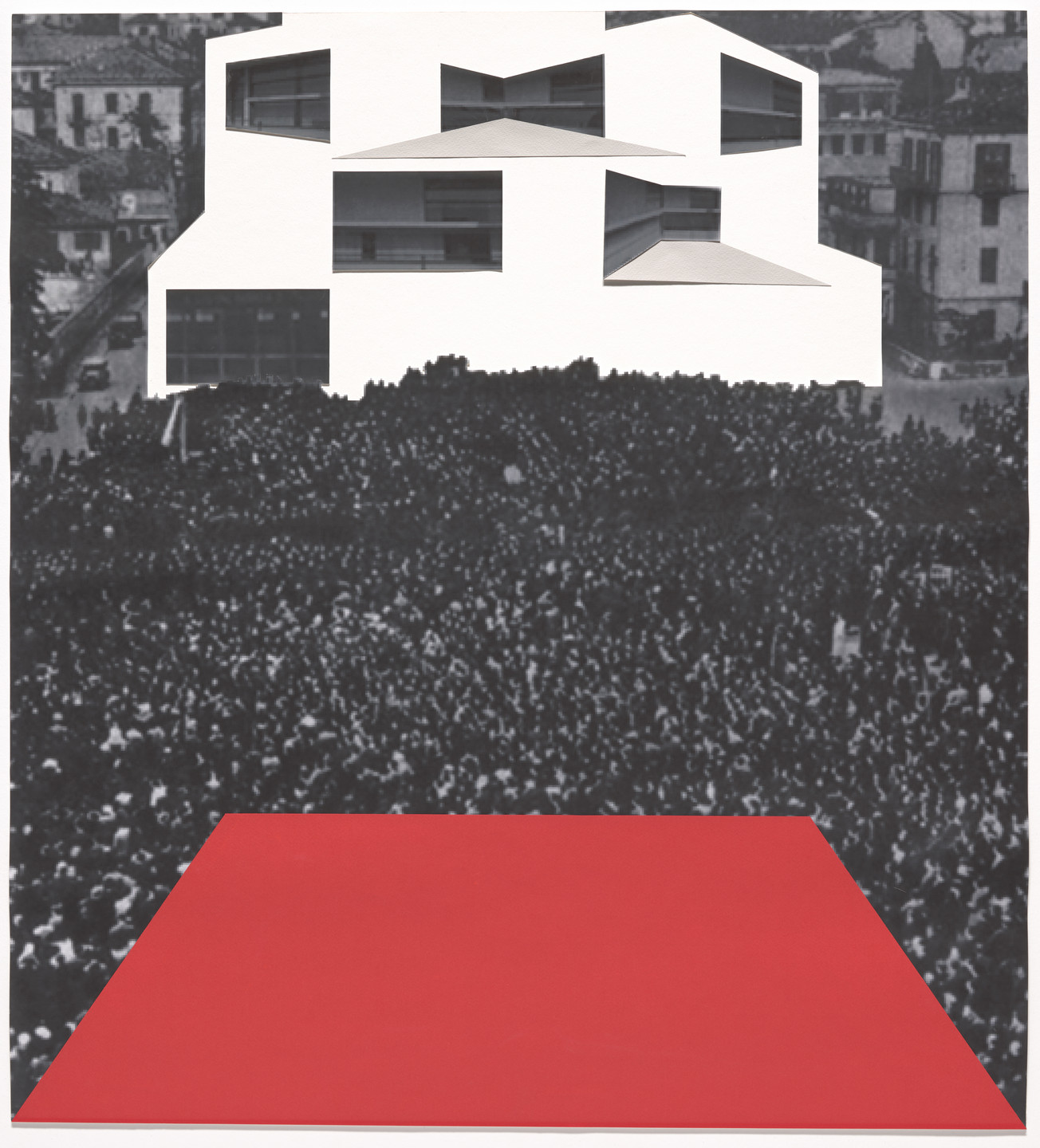 The image features a white, geometric building with black windows overlaid on a grayscale crowd scene with indistinguishable faces. A red rectangular ground area is prominent in the foreground. This is an AI generated description. To give feedback, email ai@moma.org.