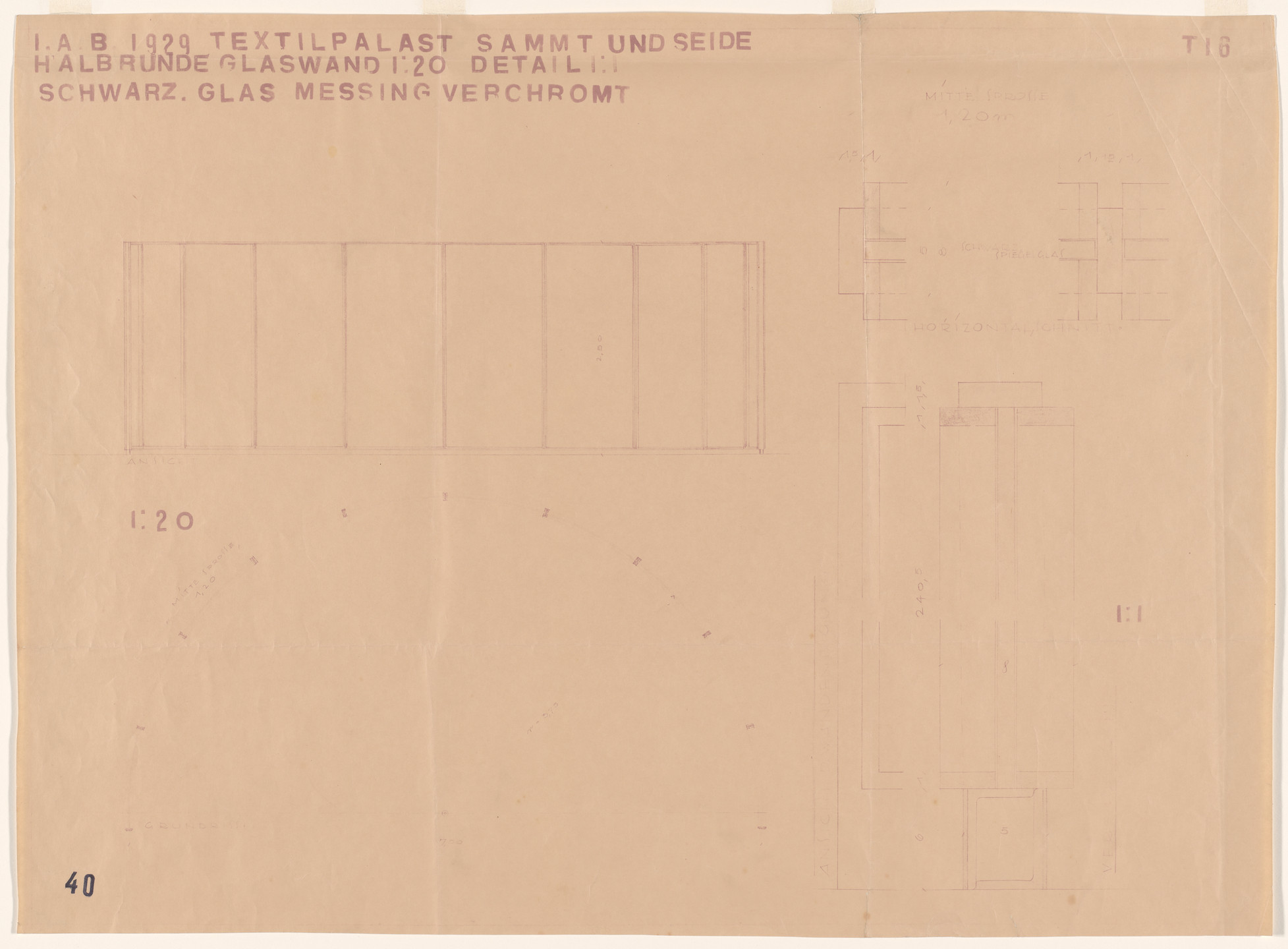 Lilly Reich. Barcelona Exhibition, German Section, Textile Palace, Barcelona, Spain (Elevation, plan, sections, semicircular glass wall). 1929