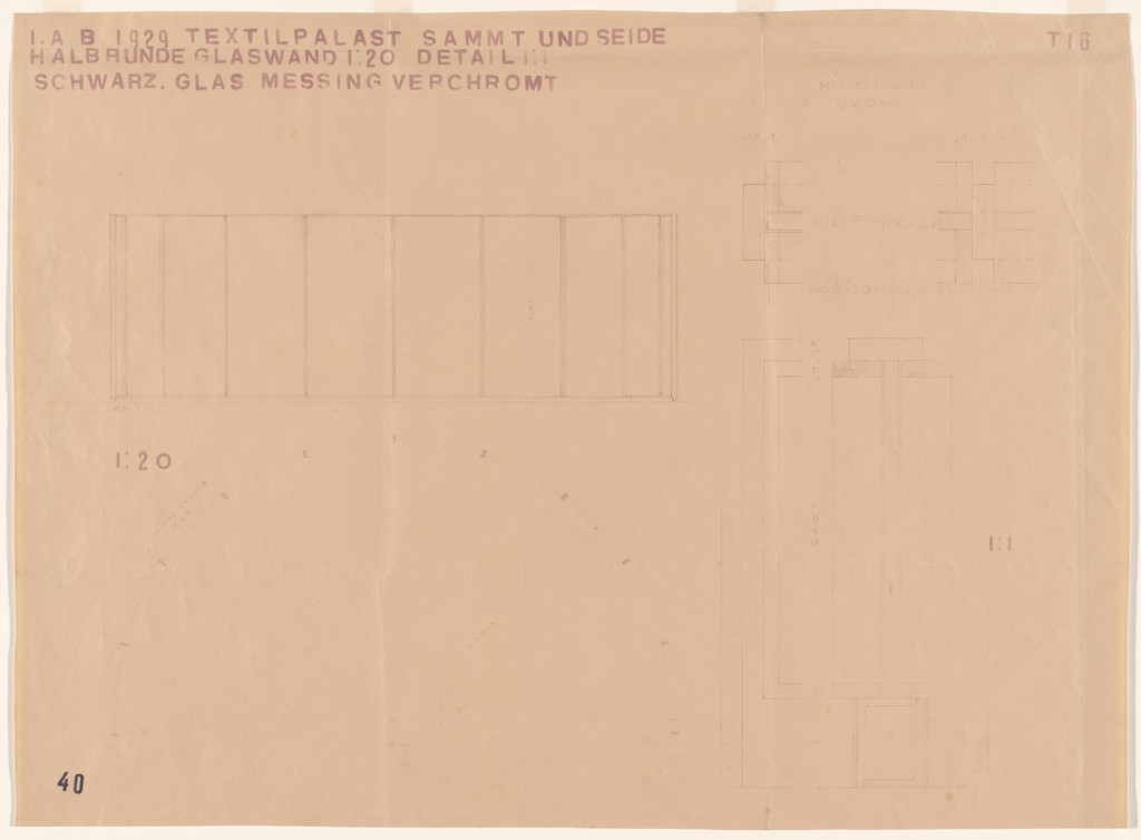 Barcelona Exhibition, German Section, Textile Palace, Barcelona, Spain (Elevation, plan, sections, semicircular glass wall)