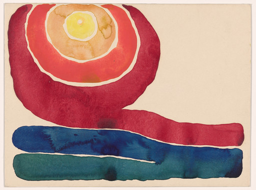 The image shows a large, spiraling red form enclosing a yellow and orange center at the top and two horizontal bars below in shades of blue and green on a beige background. The shapes have soft, irregular edges and are filled with varied gradients. This is an AI generated description. To give feedback, email ai@moma.org.