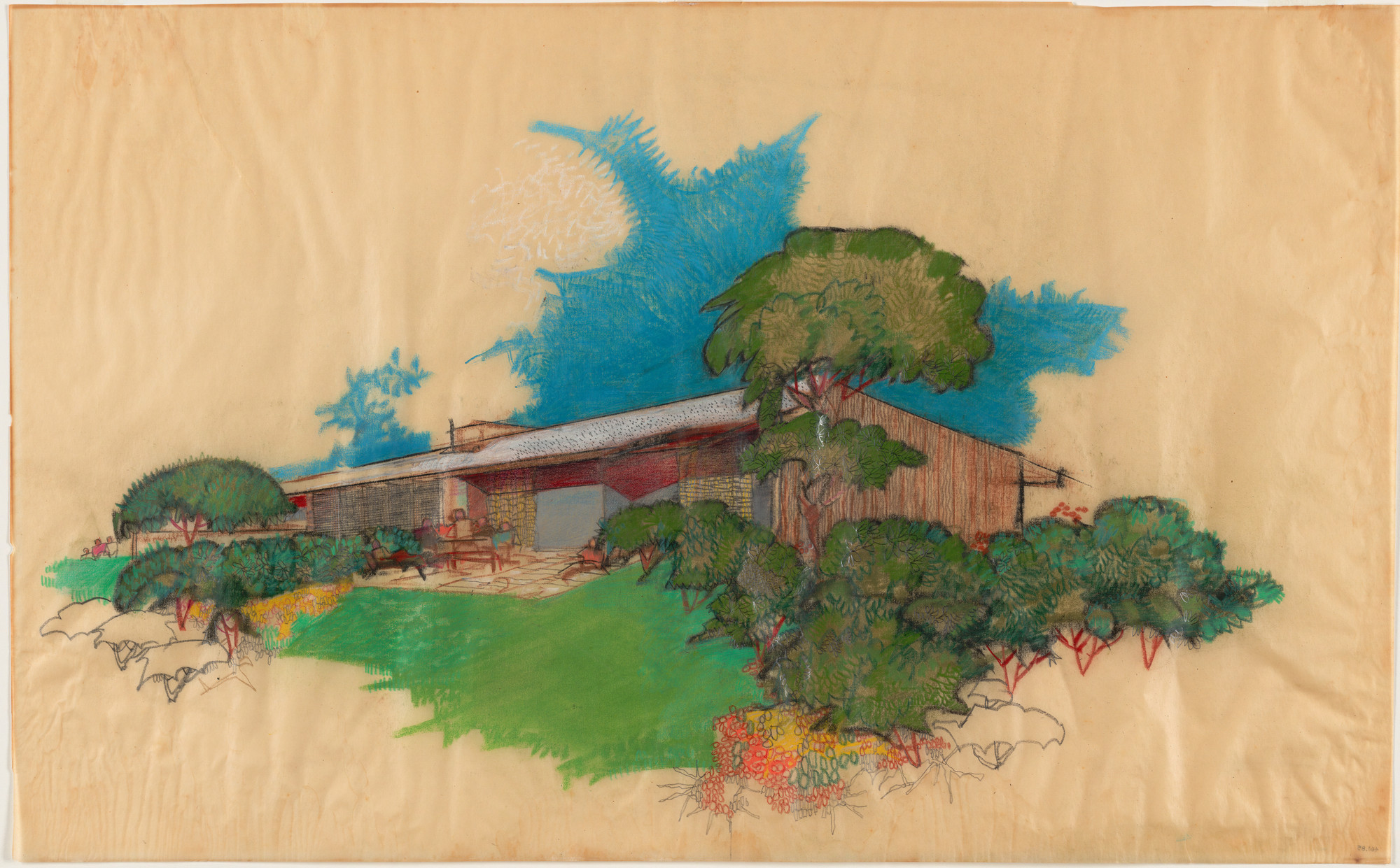 Richard Neutra. Miller House, Norristown, Pennsylvania, Rear patio, exterior perspective. c. 1955
