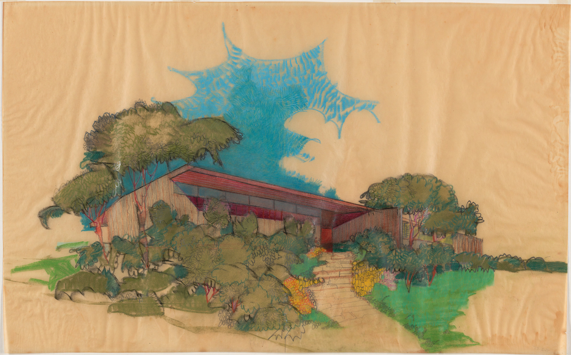 Richard Neutra. Miller House, Norristown, Pennsylvania, Exterior perspective of entrance. c. 1955