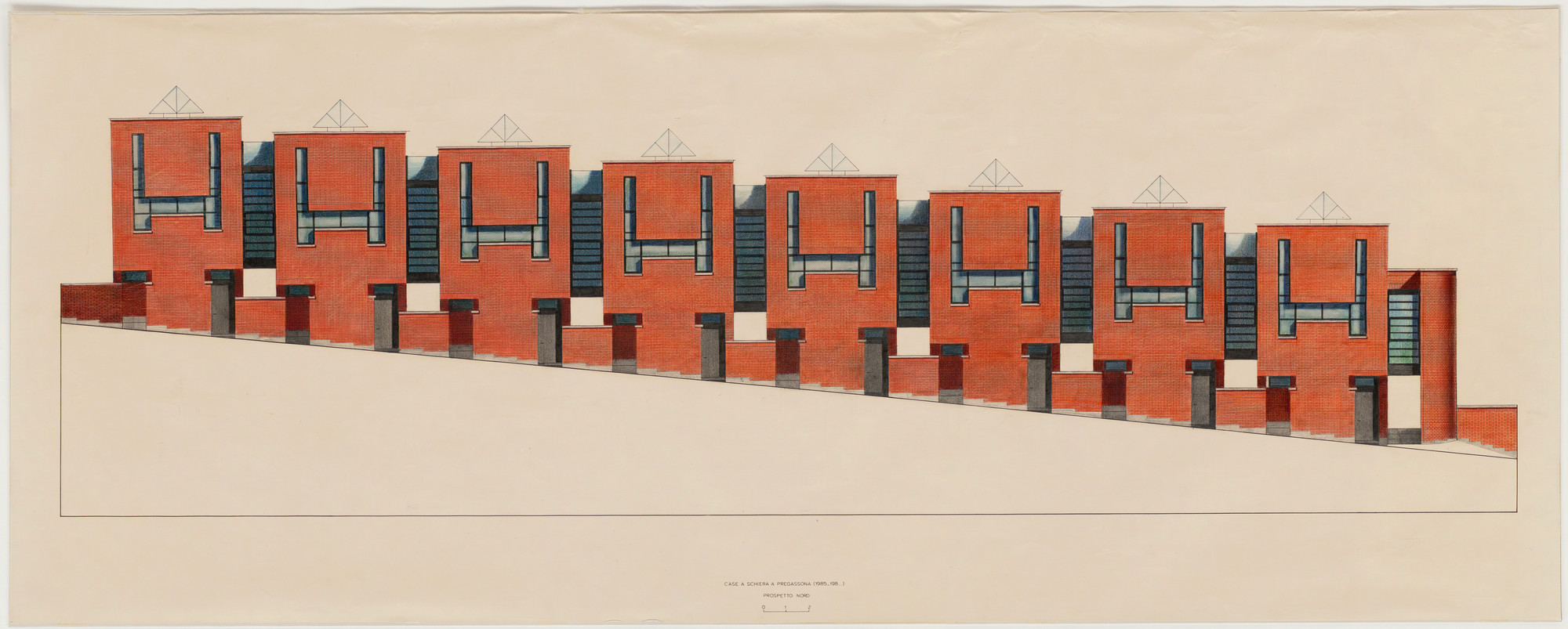 Mario Botta. Row Housing, Pregassona, Switzerland, Elevation. 1985