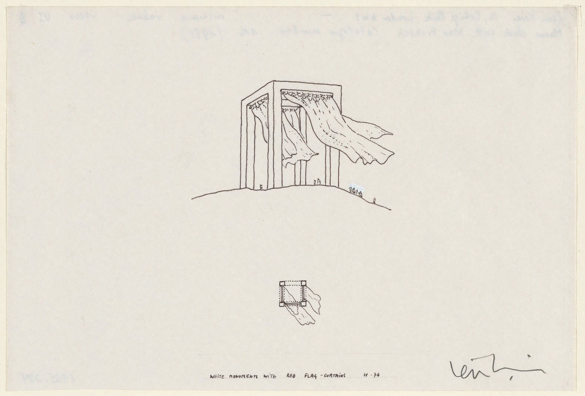 Leon Krier. White Monuments with Red Flag Curtains, project, Perspective. 1974