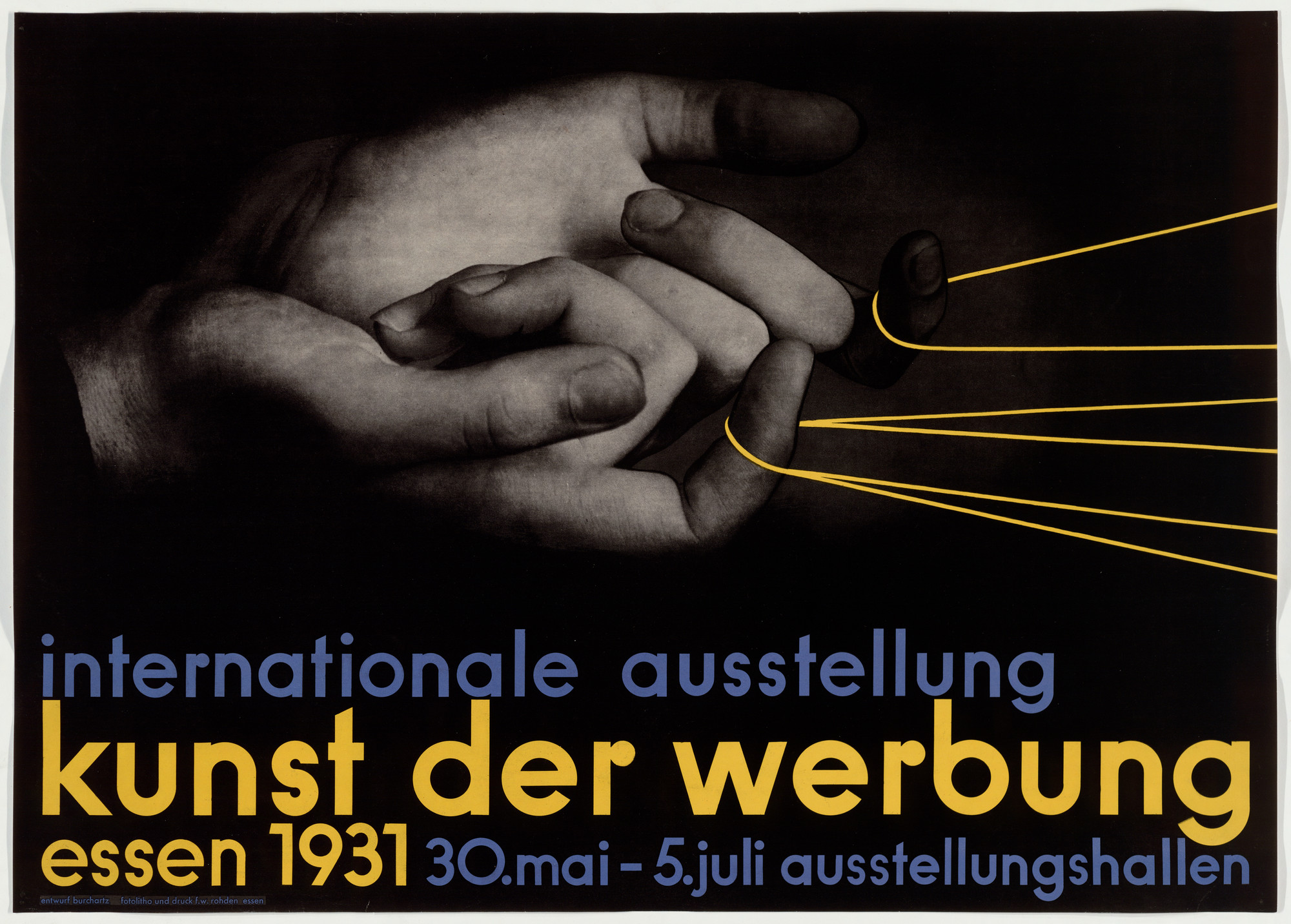 A grayscale image of hands intertwined, with yellow lines connecting two fingers, set against a dark background. Text at the bottom reads &#34;internationale ausstellung kunst der werbung essen 1931 30.mai - 5.juli ausstellungshallen&#34; in blue and yellow. This is an AI generated description. To give feedback, email ai@moma.org.