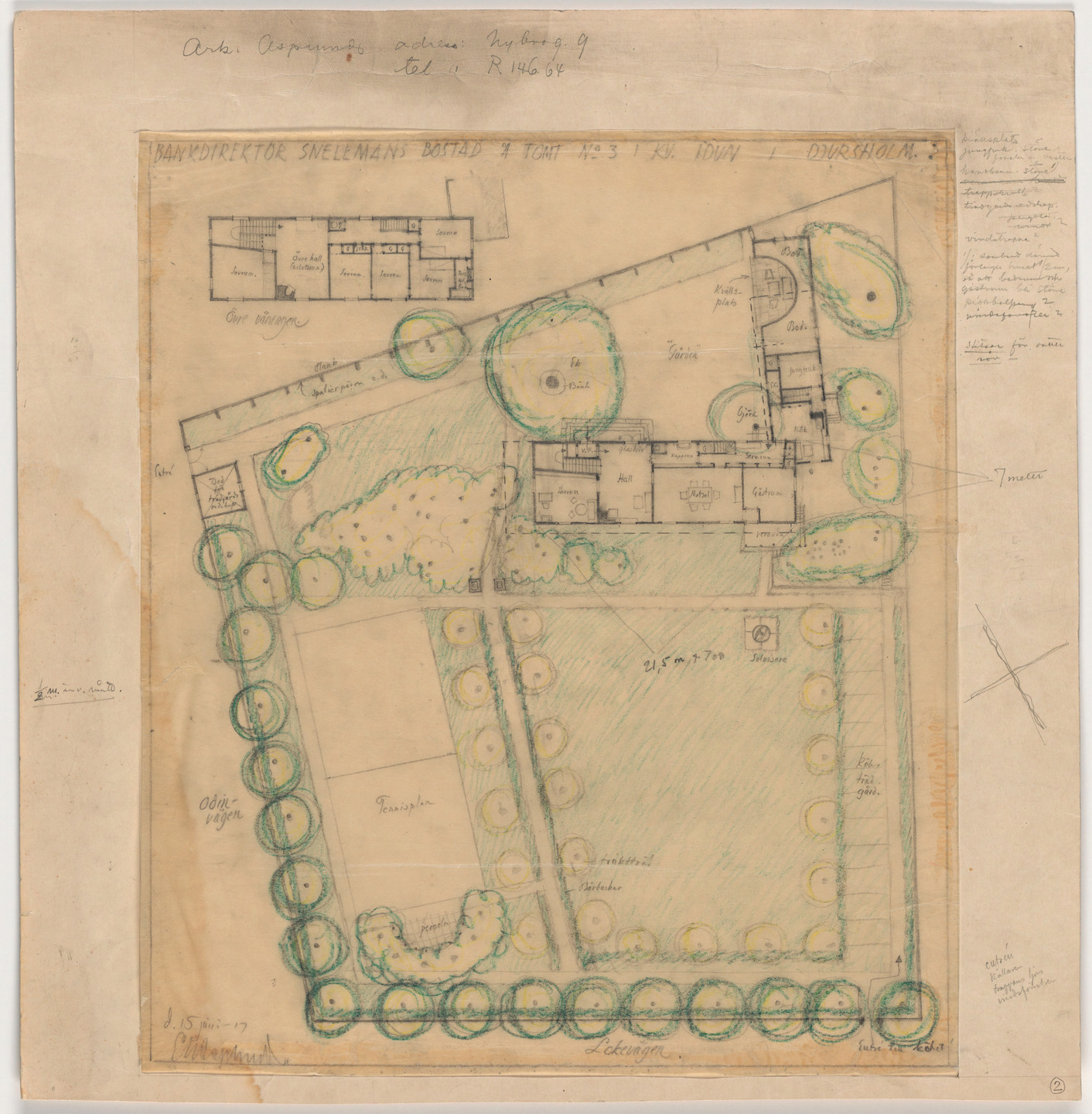 Erik Gunnar Asplund. Villa Snellman, Djursholm, Sweden, Site plan. 1917