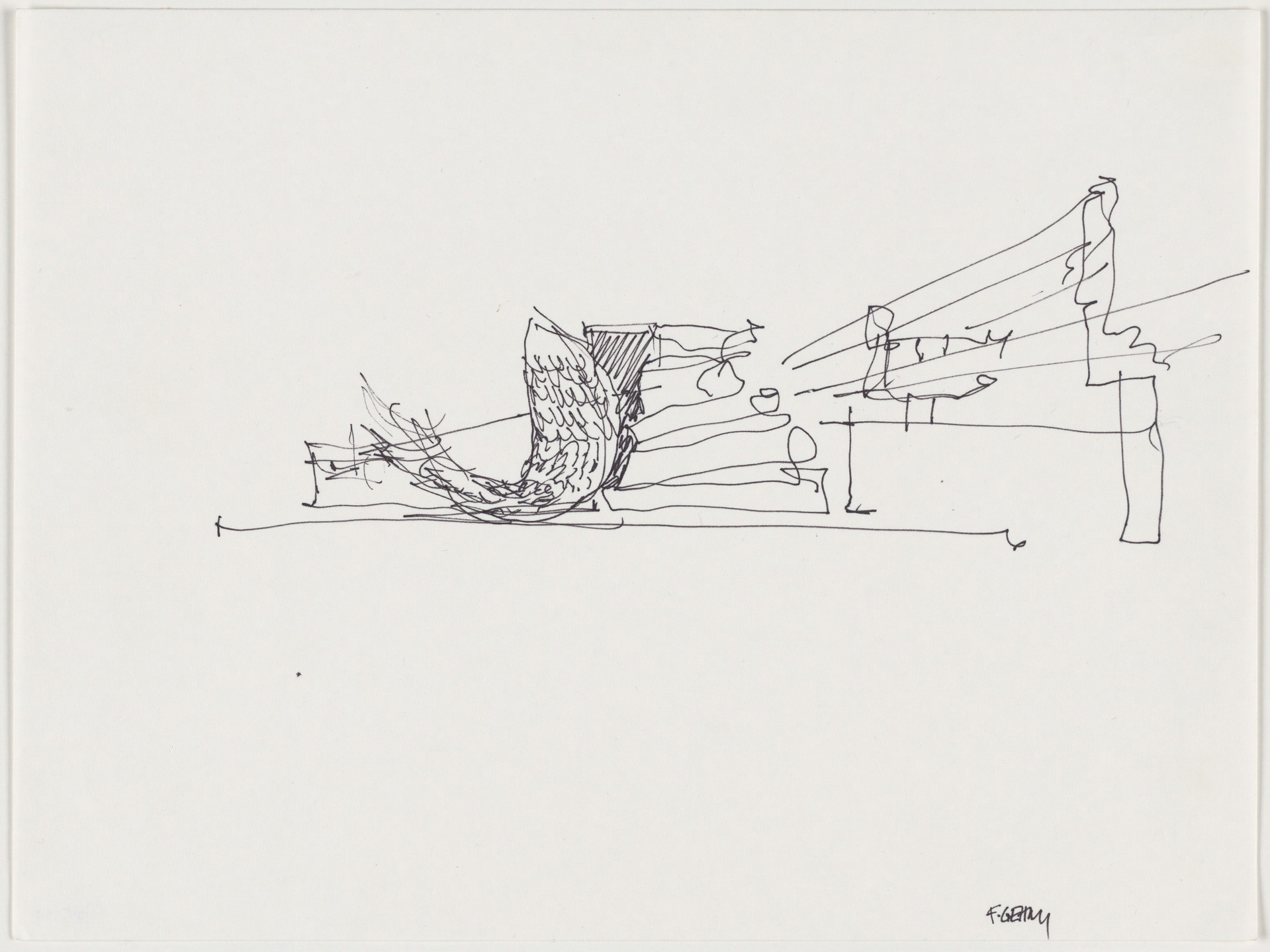 Frank O. Gehry. Sketch for Fishdance Restaurant, Kobe, Japan, Exterior perspective. 1986-87