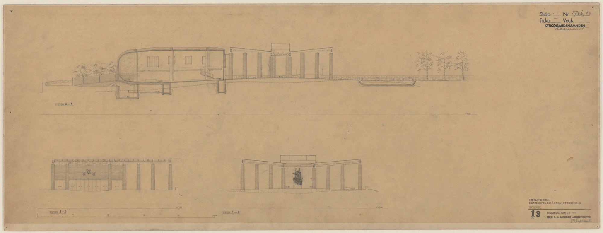 Erik Gunnar Asplund. Woodland Crematorium, Stockholm, Sweden, Second version: section and two exterior elevations
