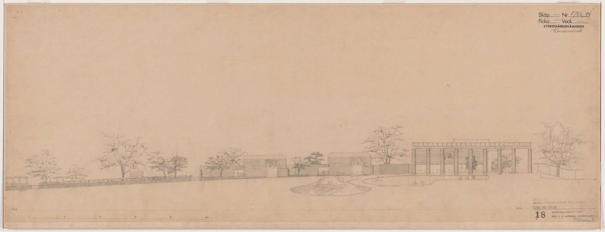 Erik Gunnar Asplund. Woodland Crematorium, Woodland Cemetery, Stockholm, Sweden, Second version: exterior elevation
