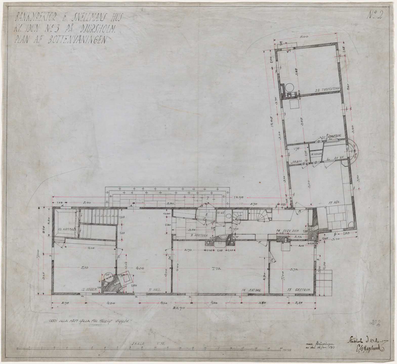 Erik Gunnar Asplund. Villa Snellman, Djursholm, Sweden, Ground-floor plan. 1917