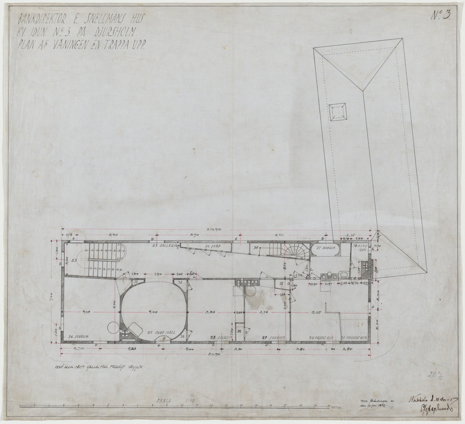 Erik Gunnar Asplund. Villa Snellman, Djursholm, Sweden, Second-floor plan. 1917