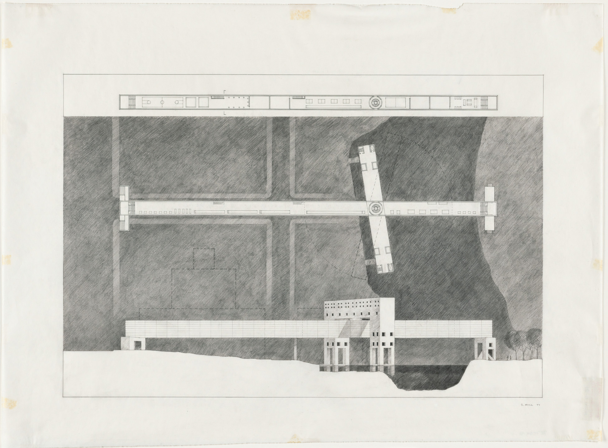 Steven Holl. Gymnasium Bridge, project, New York City, New York, Plan, site plan, and exterior perspective. 1977