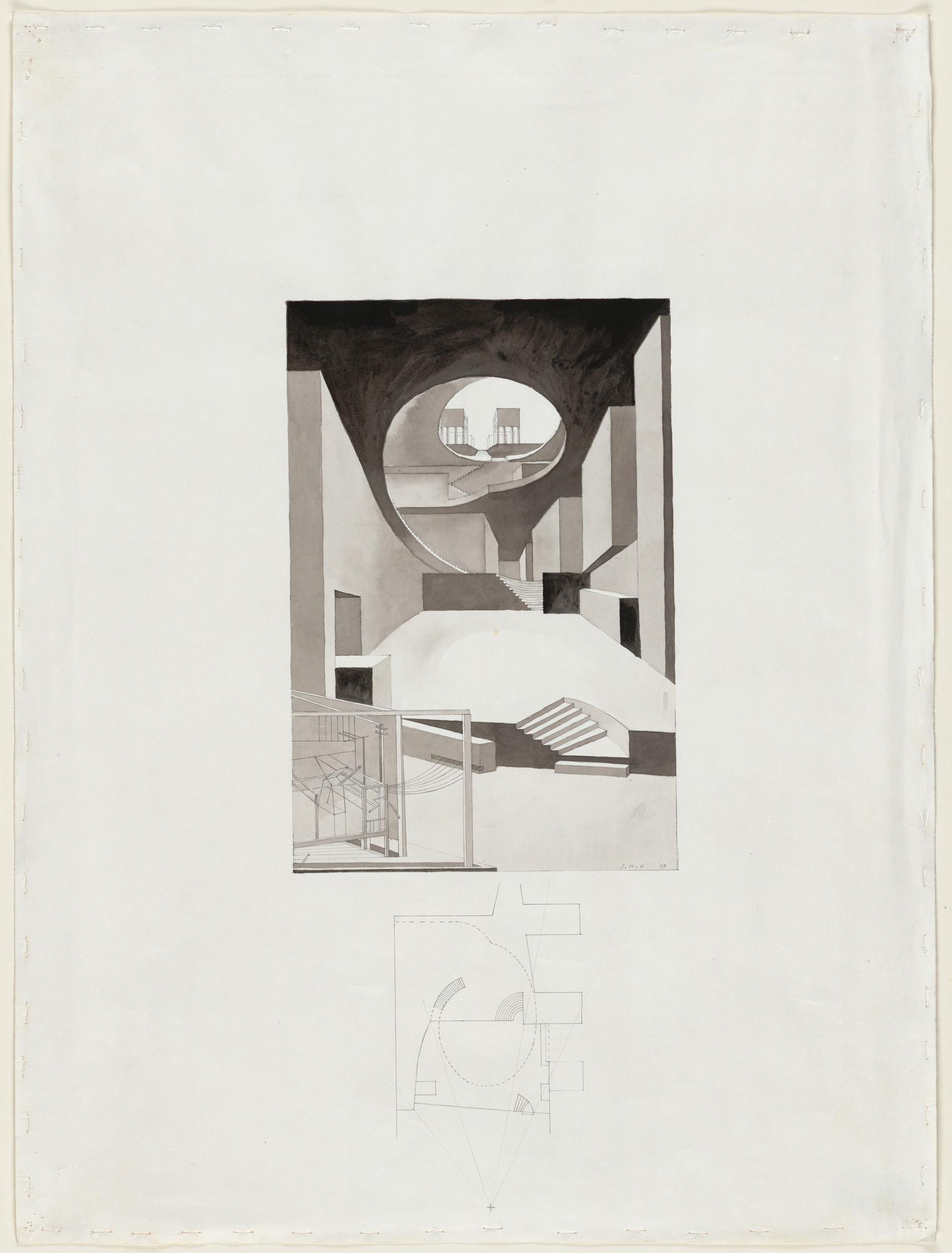 Steven Holl. Porta Vittoria, project, Milan, Italy
View at elliptical passage, perspective and plan