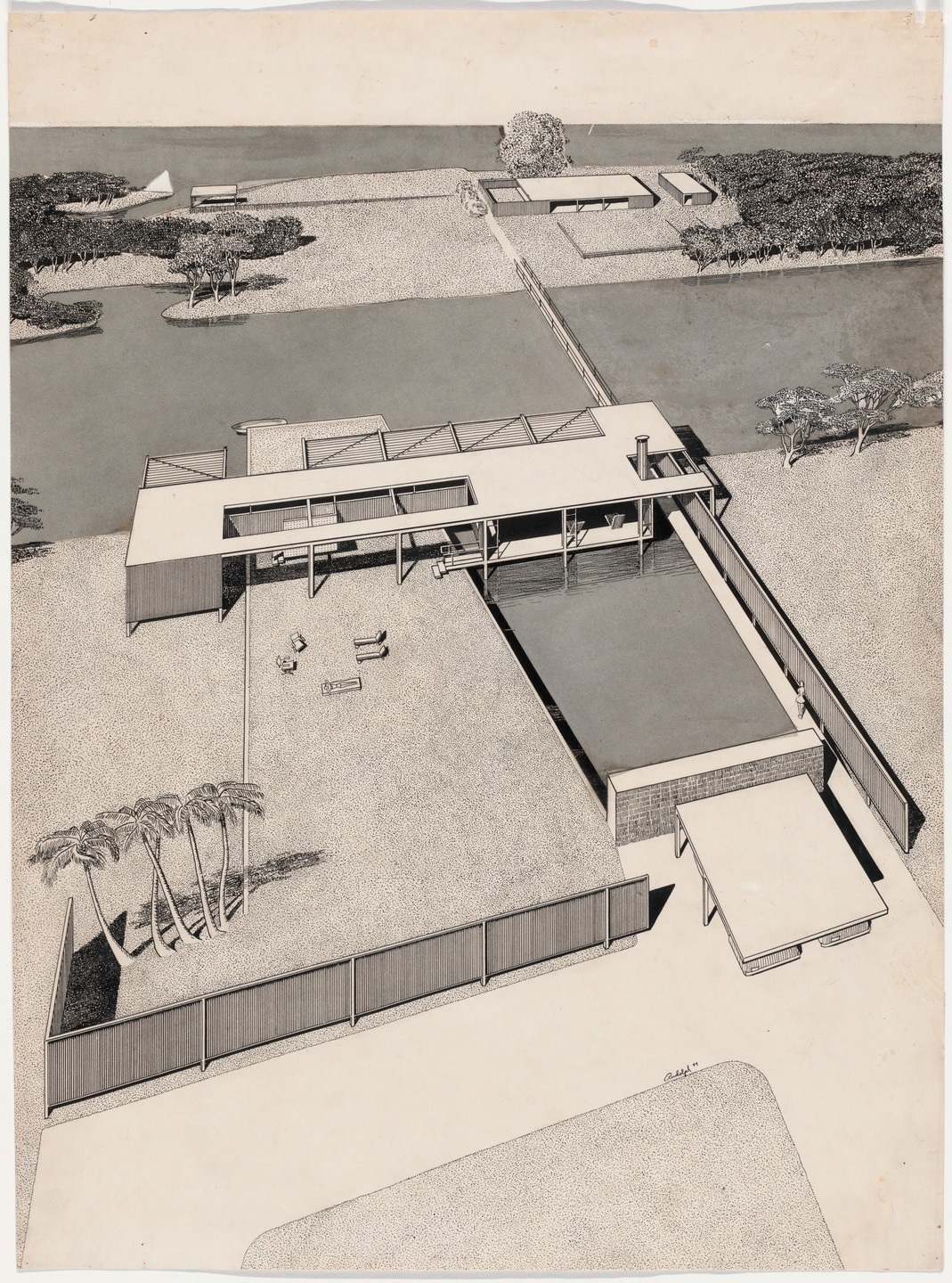 Paul Rudolph. Finney Guest House Project, Siesta Key, Florida, Aerial perspective. 1949