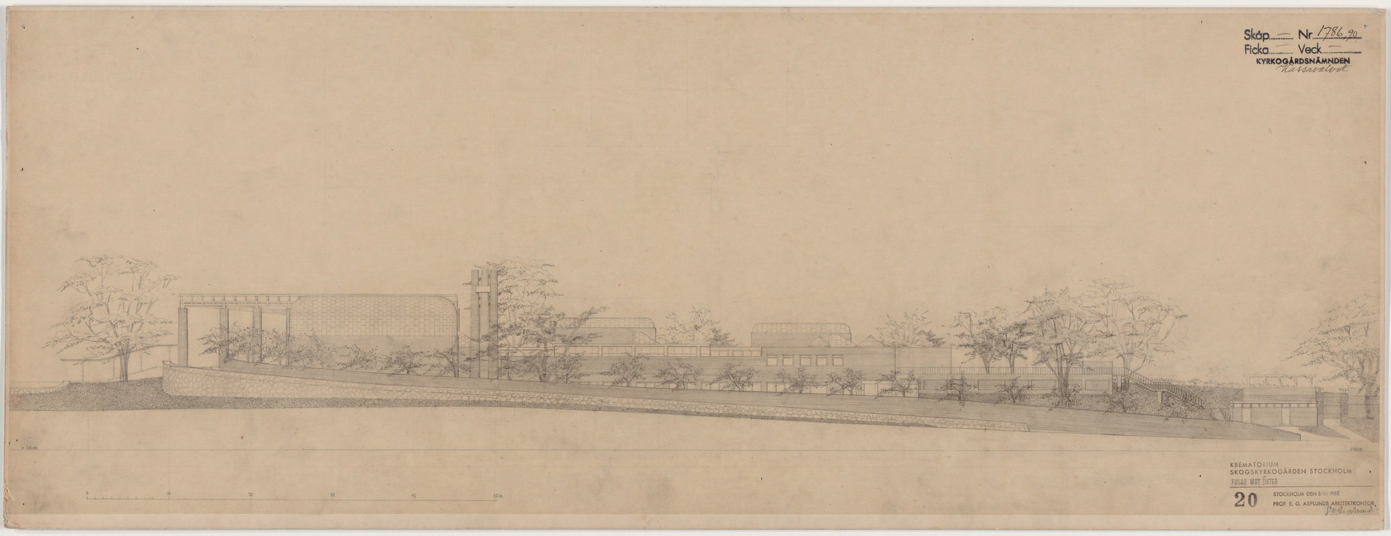 Erik Gunnar Asplund. Woodland Crematorium, Woodland Cemetery, Stockholm, Sweden, Second version: exterior elevation