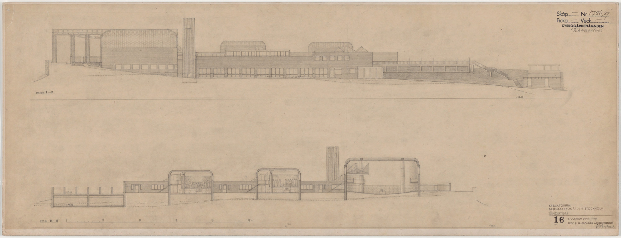 Erik Gunnar Asplund. Woodland Crematorium, Stockholm, Sweden, Second version: exterior elevation and section
