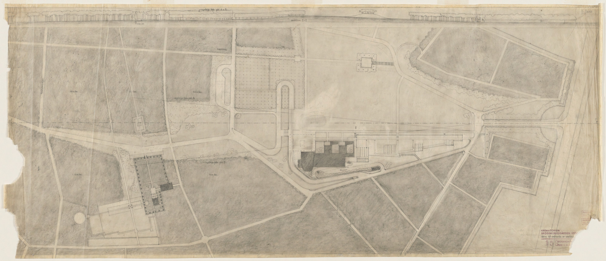 Erik Gunnar Asplund, Sigurd Lewerentz. Woodland Crematorium, Woodland Cemetery, Stockholm, Sweden, Site plan and section, final version. 1937