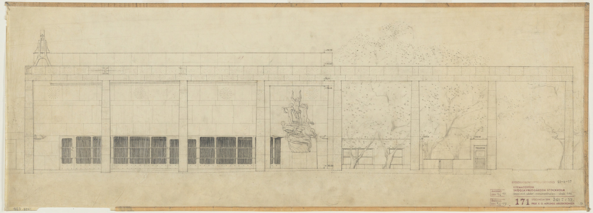 Erik Gunnar Asplund. Woodland Crematorium, Stockholm, Sweden, Exterior elevation of loggia