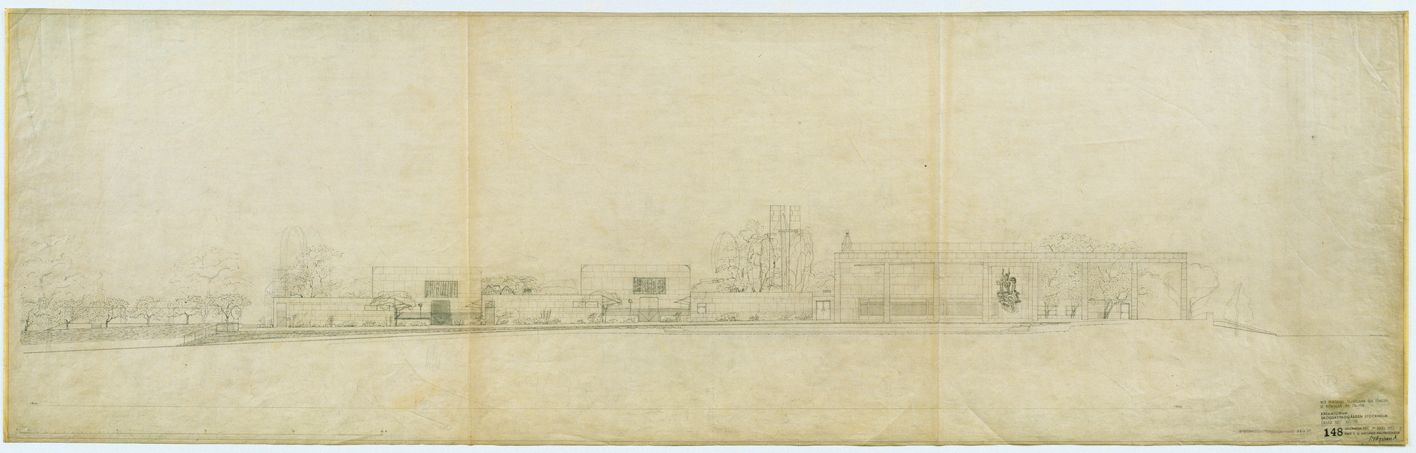 Erik Gunnar Asplund. Woodland Crematorium, Woodland Cemetery, Stockholm, Sweden, Exterior elevation, final version. 1937