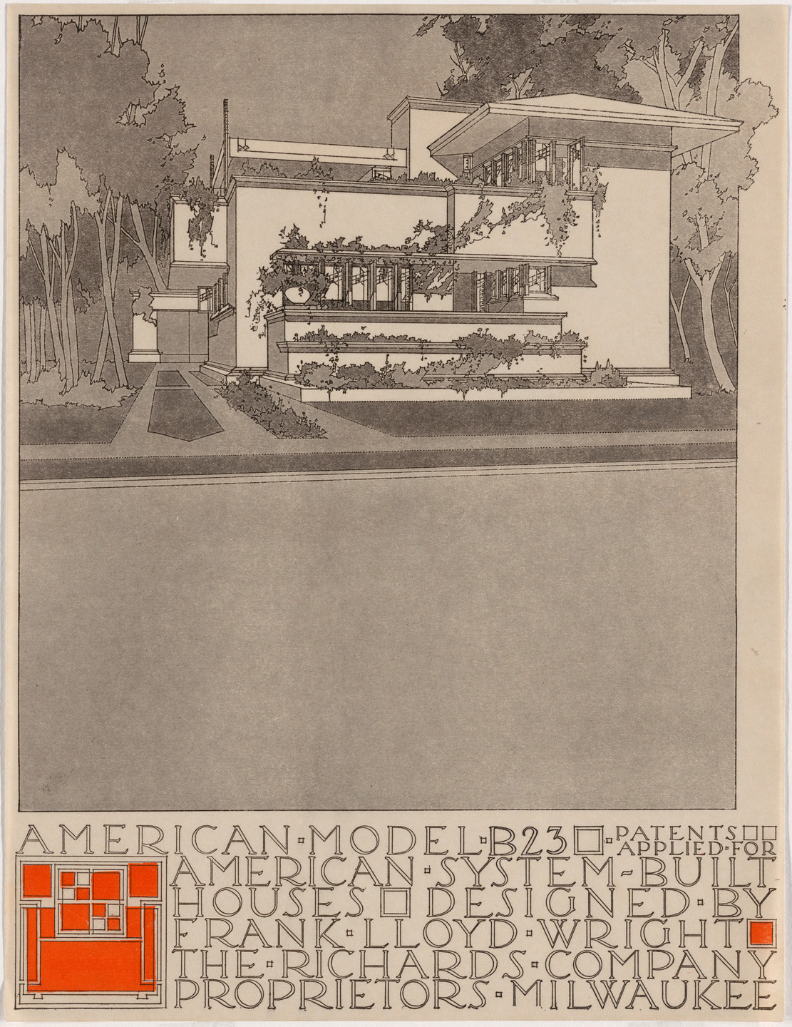 Frank Lloyd Wright. American System-Built Houses for The Richards Company project (Exterior perspective of model B23). 1915–1917