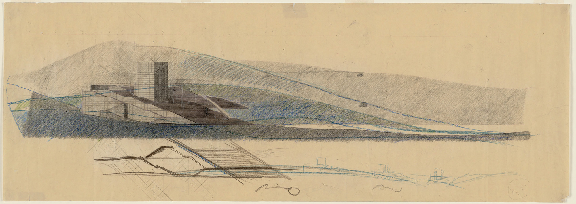 Tadao Ando. Chikatsu-Asuka Historical Museum, Minami-Kawachi, Osaka, Japan, Exterior perspective. c. 1989-91