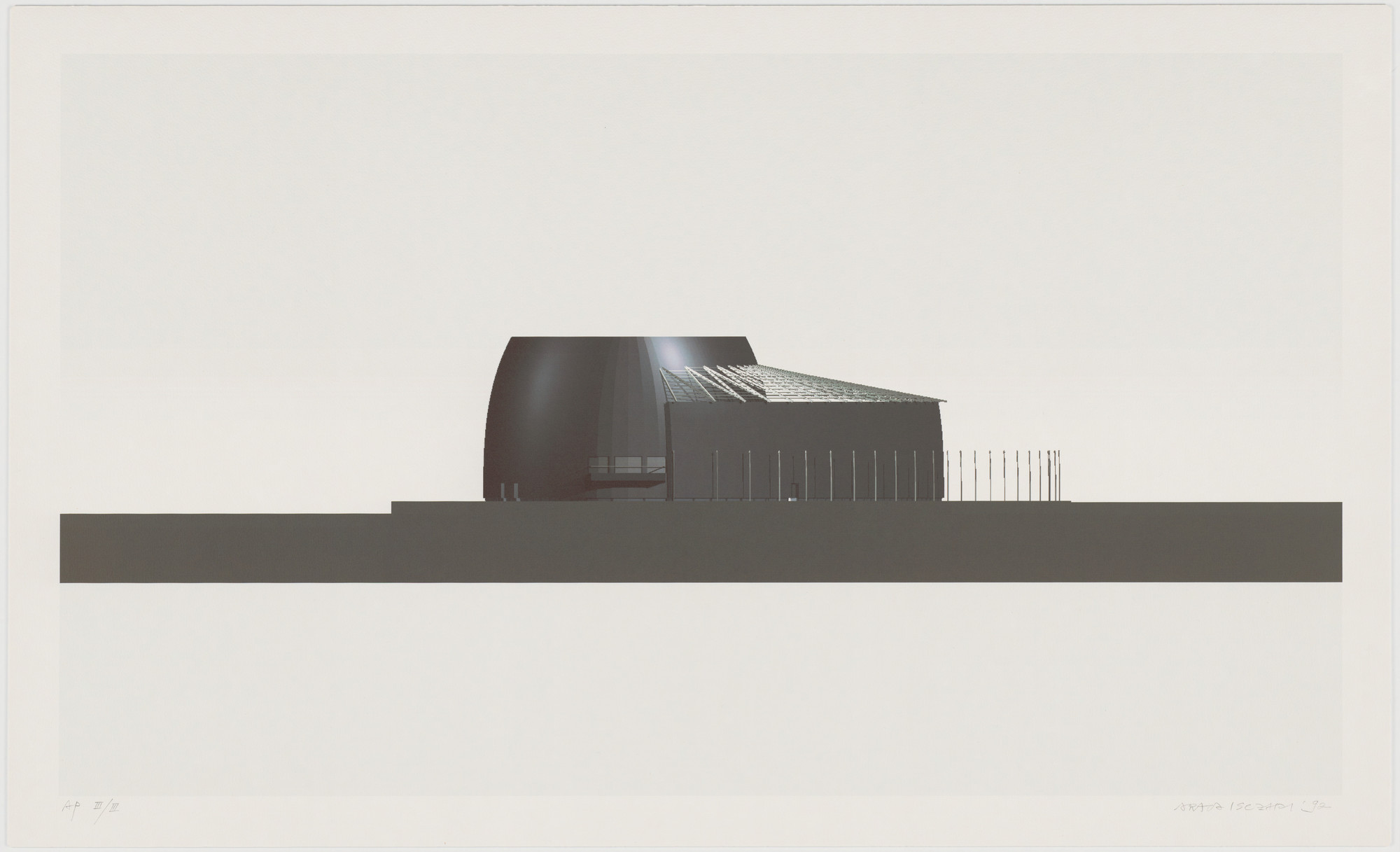 Arata Isozaki. Nara Convention Hall, Nara, Japan, South elevation