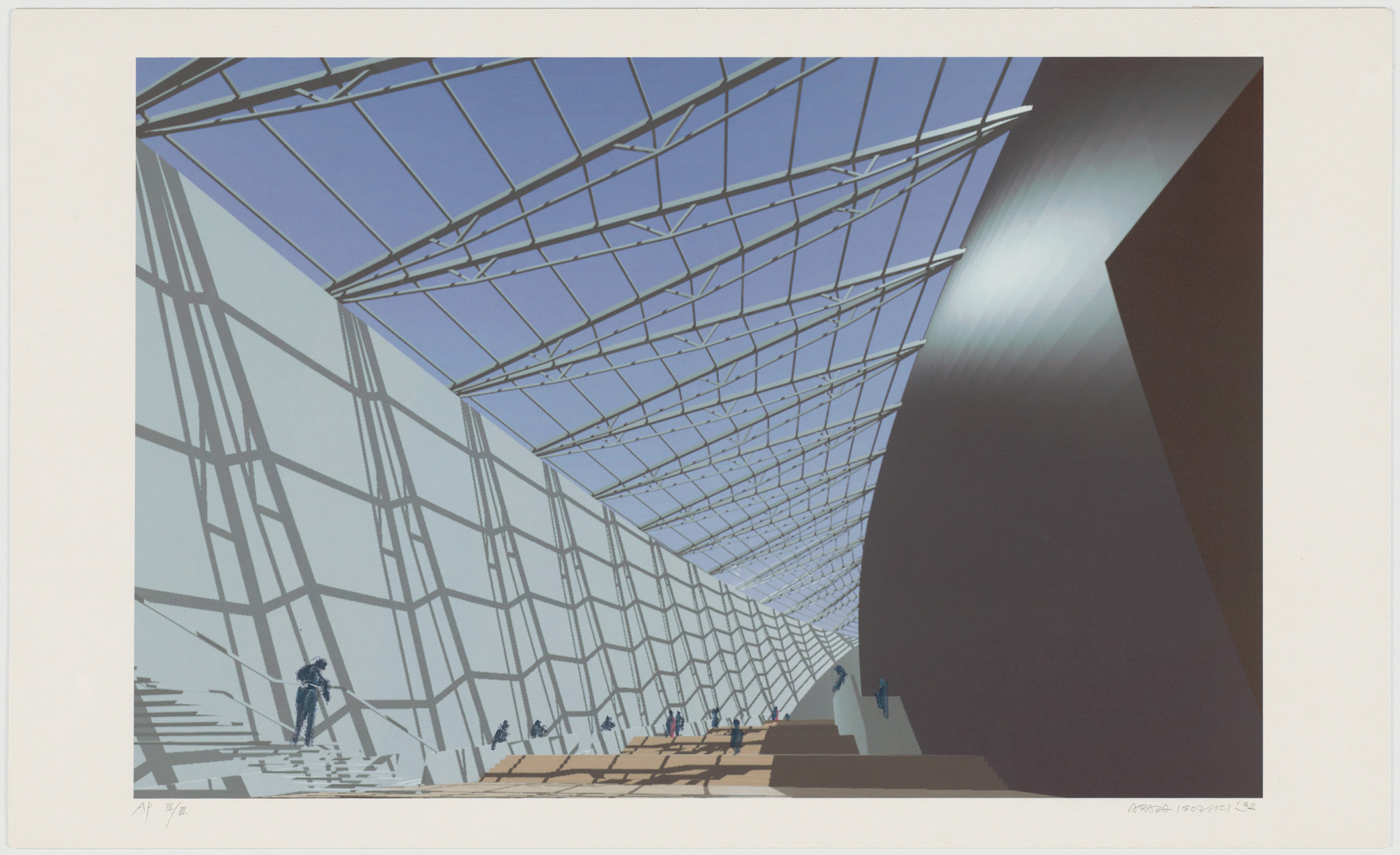 Arata Isozaki. Nara Convention Hall, Nara, Japan, Interior perpsective of lobby