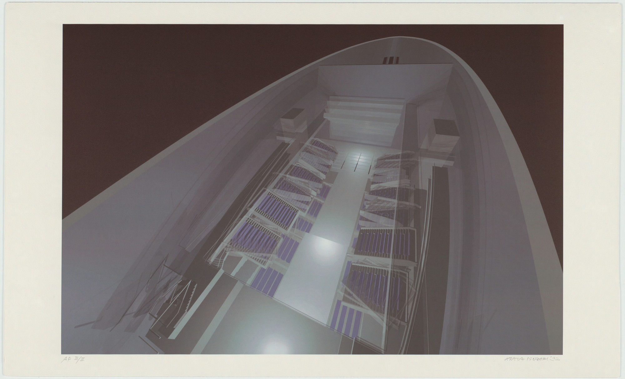 Arata Isozaki. Nara Convention Hall, Nara, Japan, Interior perspective of main hall