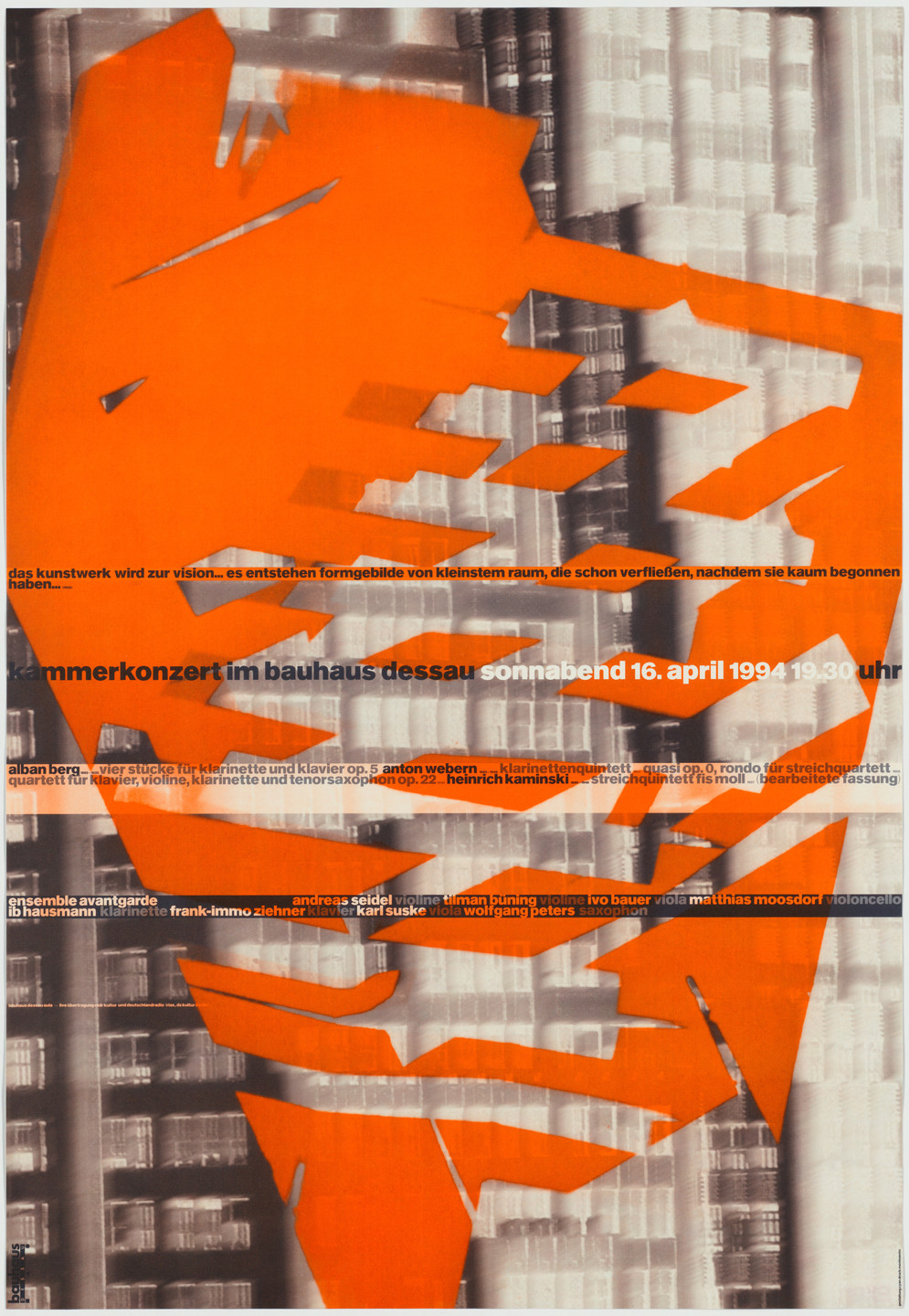 Cyan, Sophie Alex, Wilhelm Ebentreich, Detlef Fiedler, Daniela Haufe, Siegfried Jablonsky. Kammerkonzert im Bauhaus Dessau Sonnabend, 16. April 1994. 1994