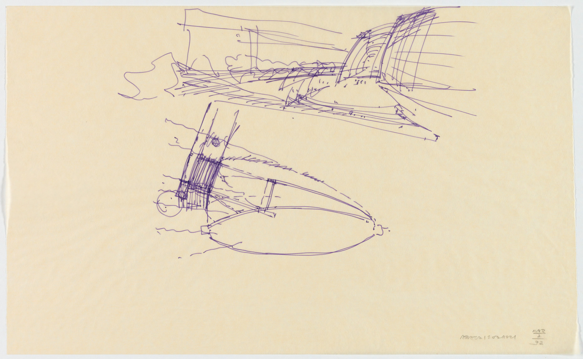 Arata Isozaki. Nara Convention Hall, Nara, Japan, Perspective sketches for plaza and entrance lobby