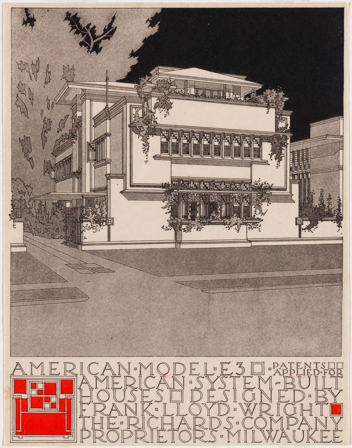 A detailed drawing of a two-story building with rectangular windows, surrounded by greenery. The colors are predominantly black, gray, and white, with red accents in the text and design elements at the bottom. This is an AI generated description. To give feedback, email ai@moma.org.