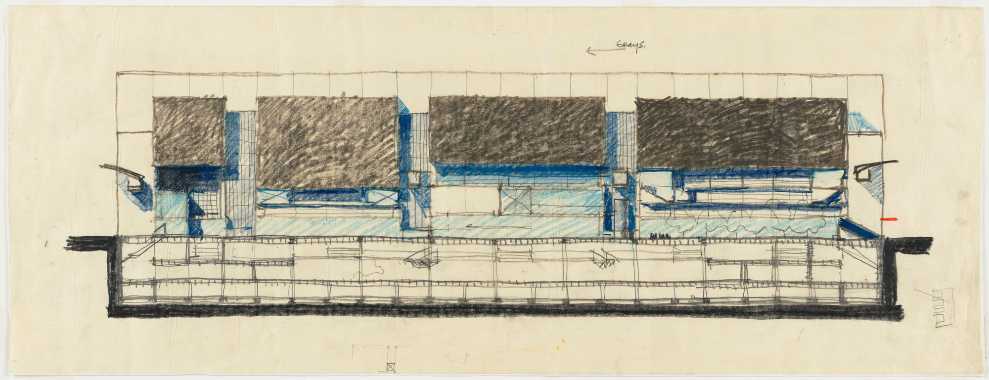 Rafael Viñoly. Tokyo International Forum, 1989-1996, Tokyo, Japan, East elevation of theater structures, sketch. 1989