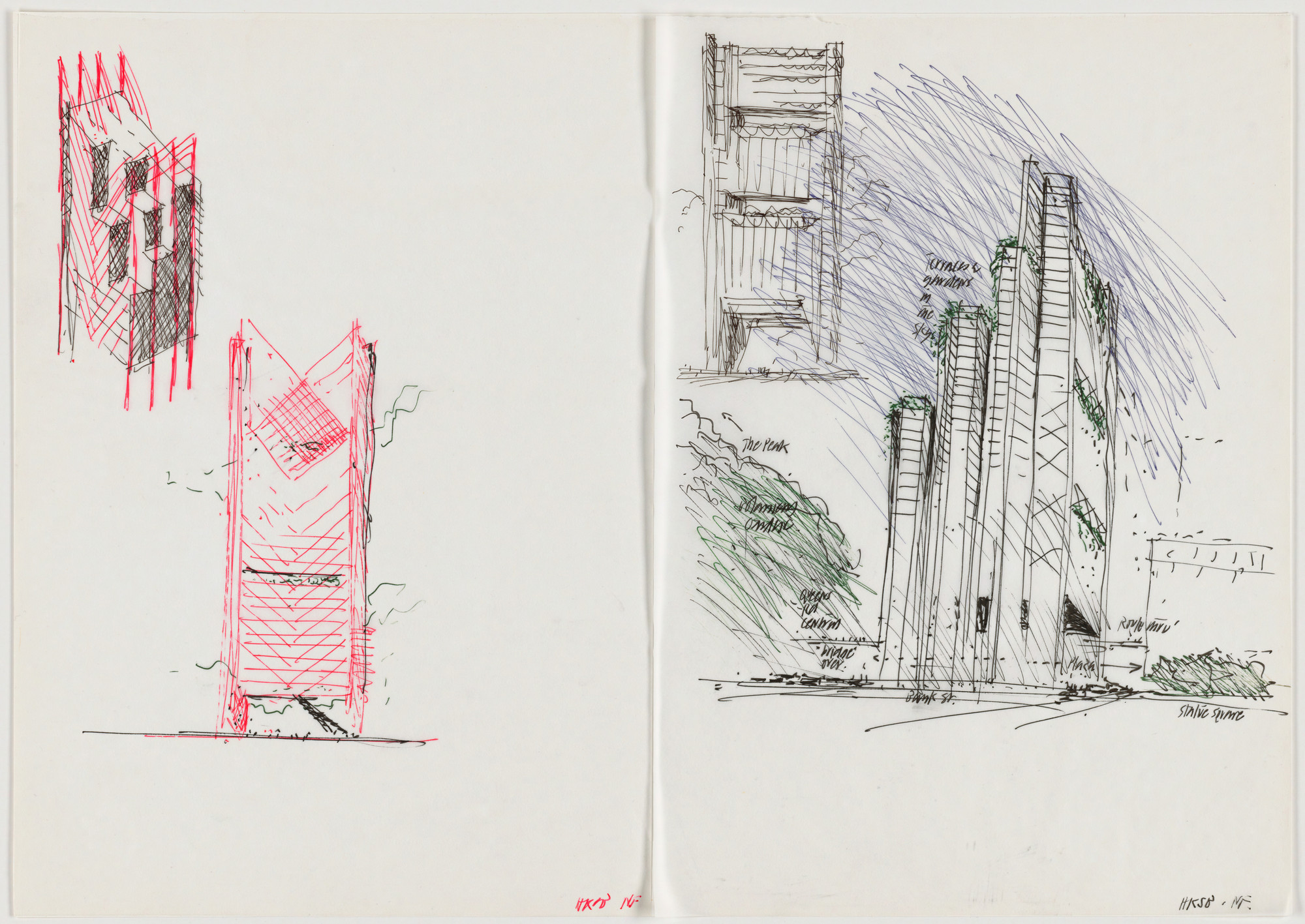 Norman Foster. Hong Kong and Shanghai Bank, Hong Kong, China, .1 Axonometric and elevation, .2 Elevation and exterior perspective,. 1985