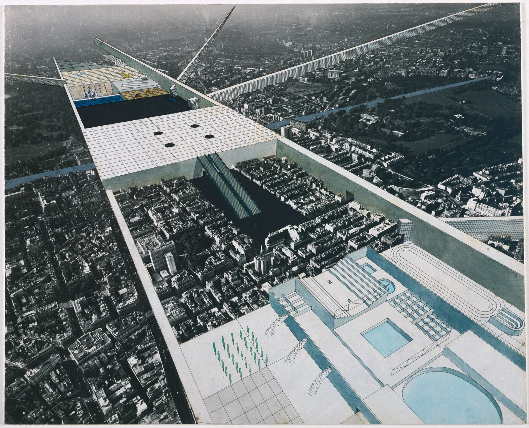Rem Koolhaas, Elia Zenghelis, Madelon Vriesendorp, Zoe Zenghelis. Exodus, or the Voluntary Prisoners of Architecture: The Strip (Aerial Perspective). 1972
