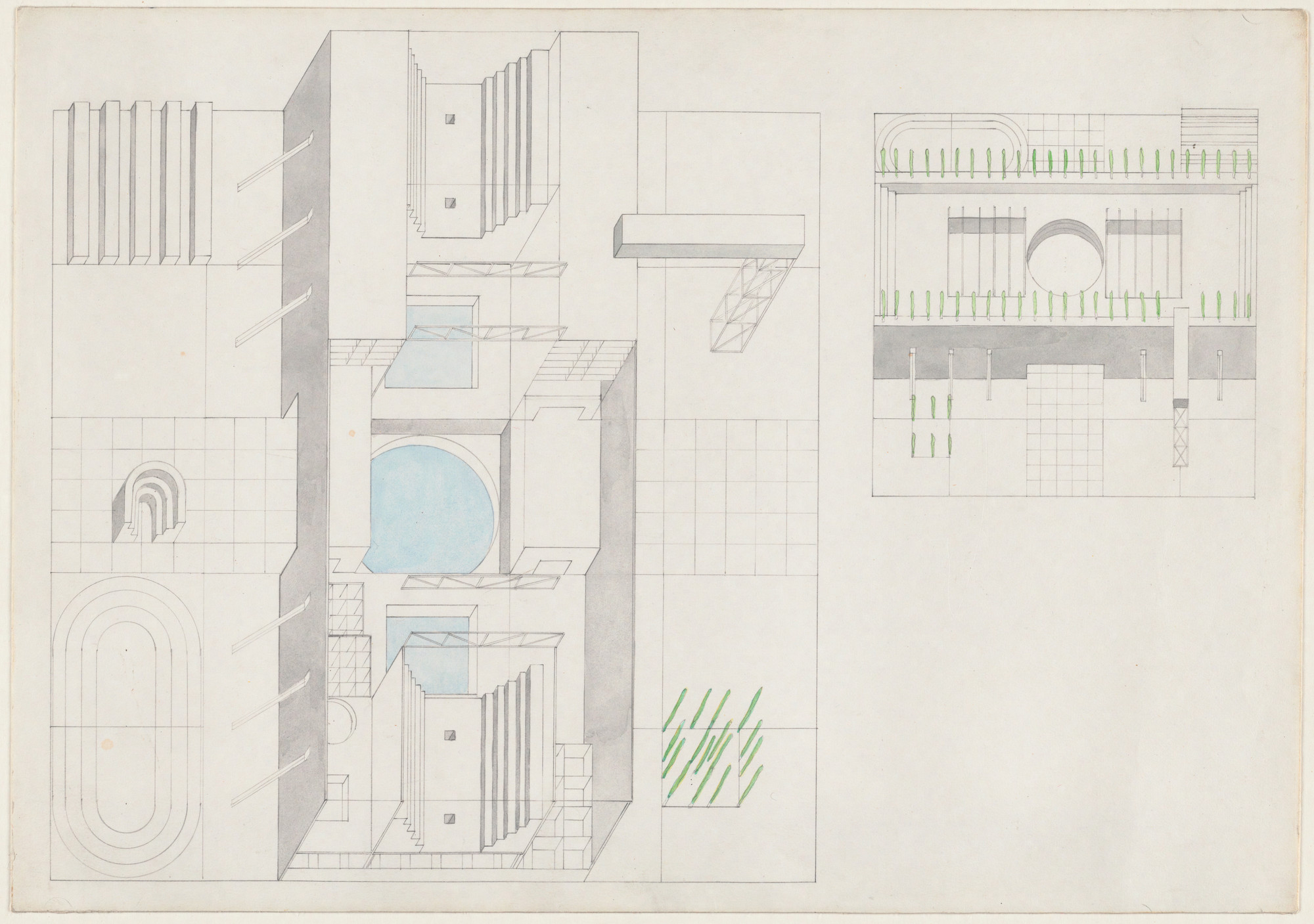 Rem Koolhaas, Elia Zenghelis, Madelon Vriesendorp, Zoe Zenghelis. Exodus, or the Voluntary Prisoners of Architecture: The Baths (Axonometric projection). 1972