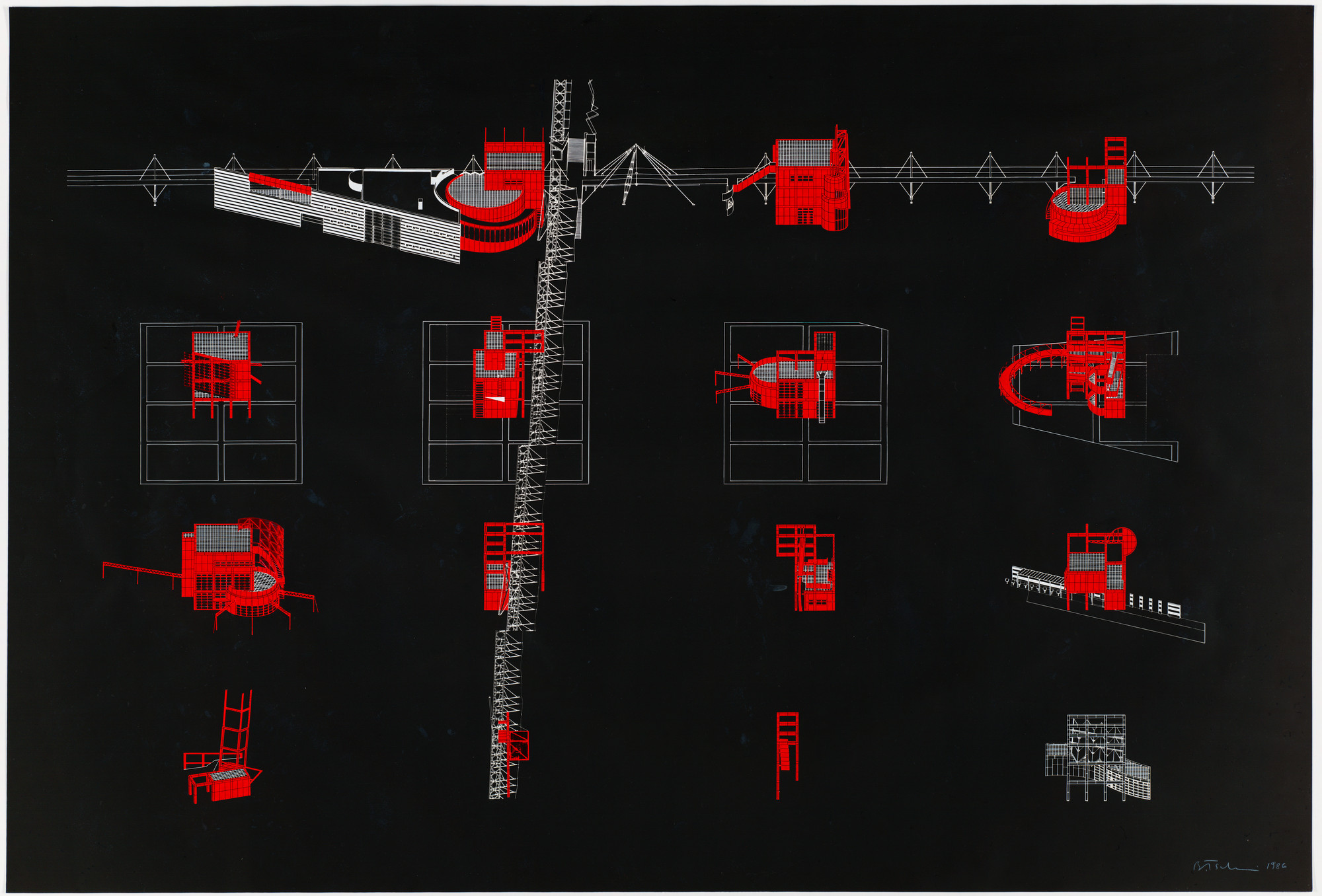 Bernard Tschumi. Parc de la Villette, Paris, France (Follies and Galleries, isometrics). 1986