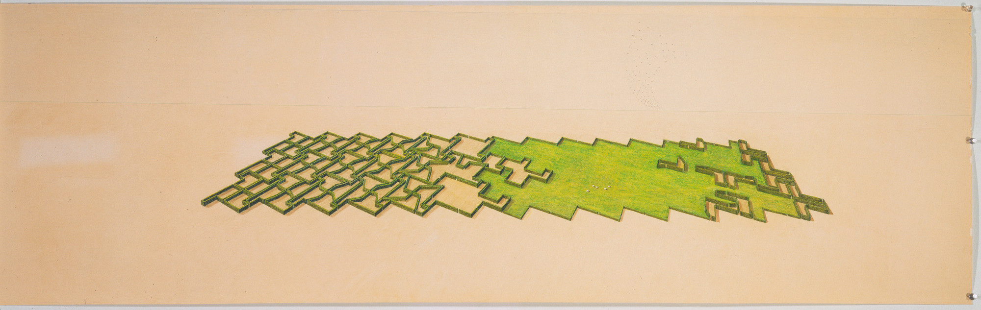 Emilio Ambasz. Pro Memoria Garden, project for a Labyrinth, Lüdenhausen, Germany, Aerial perspective. 1978