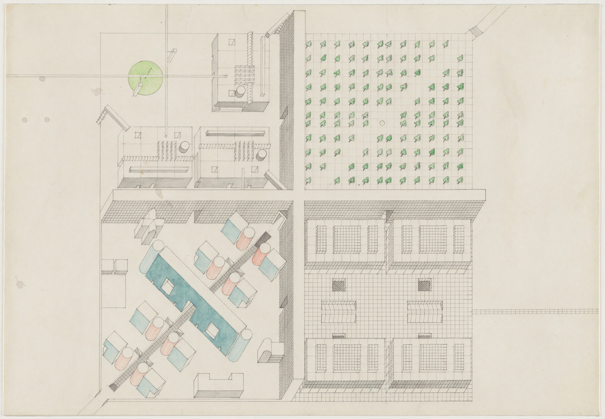 Rem Koolhaas, Elia Zenghelis, Madelon Vriesendorp, Zoe Zenghelis. Exodus, or the Voluntary Prisoners of Architecture: The Institute of Biological Transactions (Plan oblique). 1972