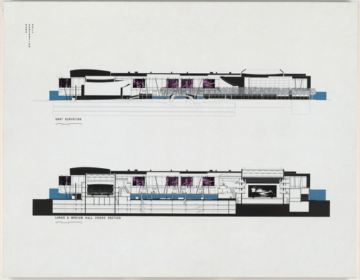 Scott Marble, Karen Fairbanks. Nara Convention Hall Project, Nara, Japan, Competition drawing: east elevation and cross-sections of large and medium halls. 1992