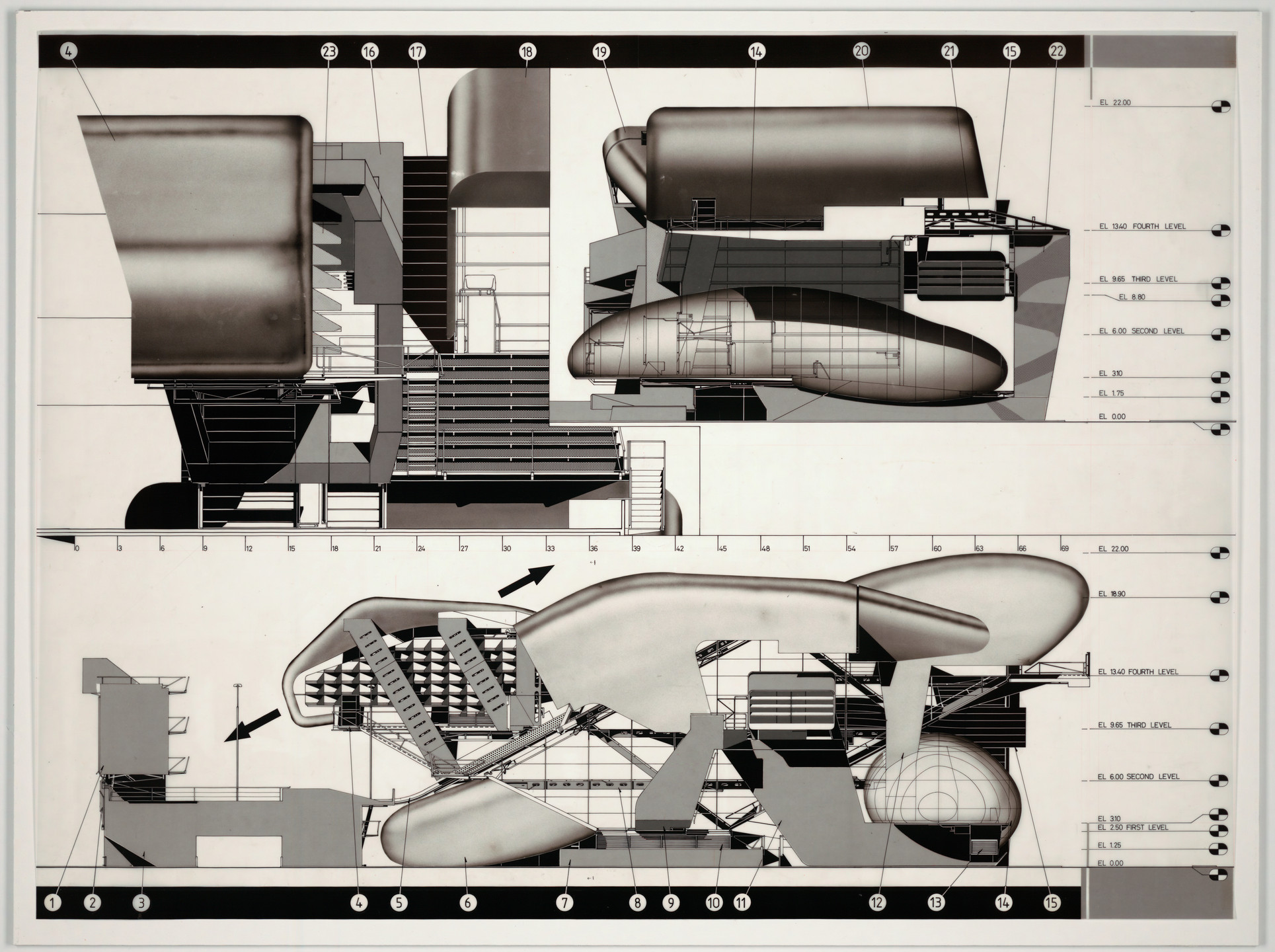 Neil M. Denari. Prototype Architecture School No. 5, project, Los Angeles, California, Elevations. 1992