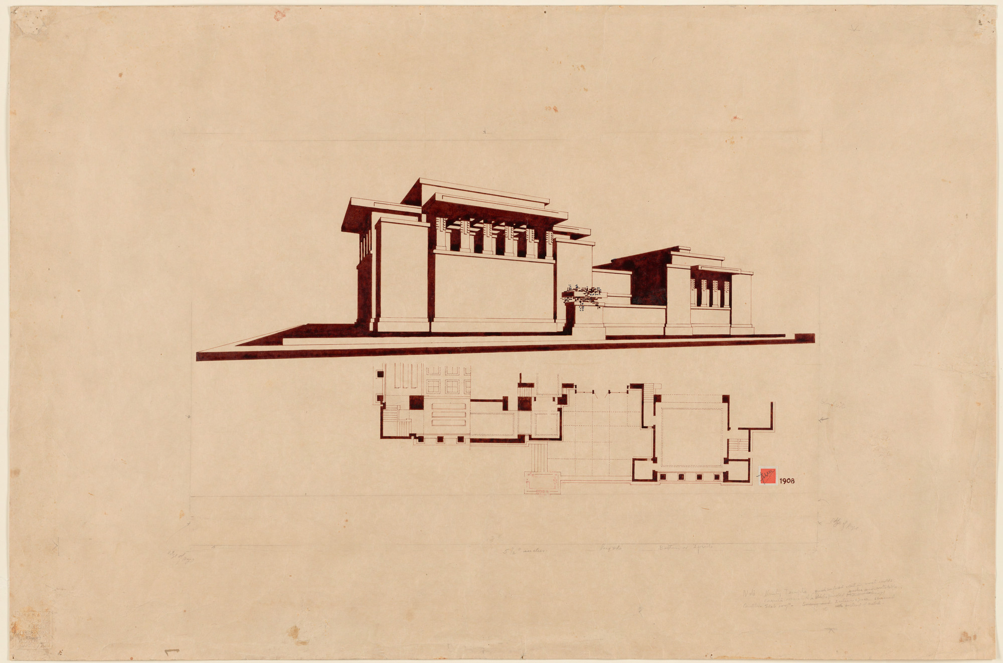 Frank Lloyd Wright. Unity Temple, Oak Park, IL (Exterior perspective and partial plan). c. 1929-30