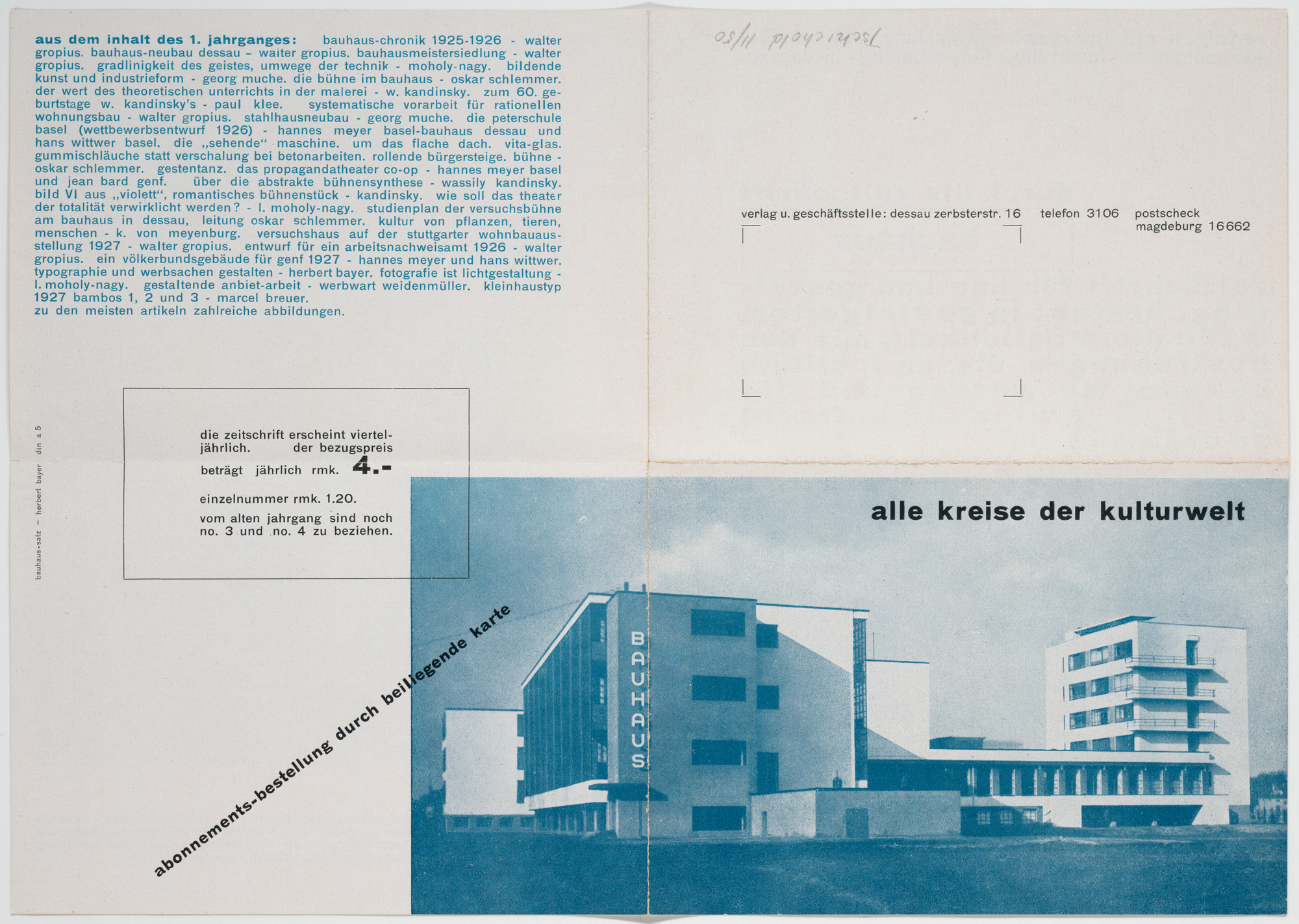 Herbert Bayer. Alle Kreise der Kulturwelt (All circles of the world of culture). Advertising brochure for bauhaus magazine.. 1928