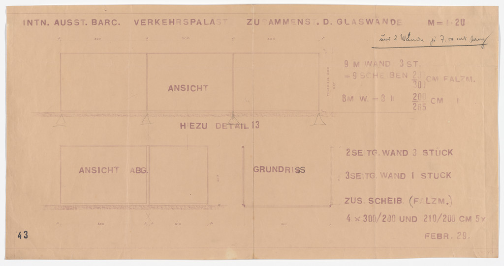 Barcelona Exhibition, German Section, Transportation Palace, Barcelona, Spain (Elevations and plan)